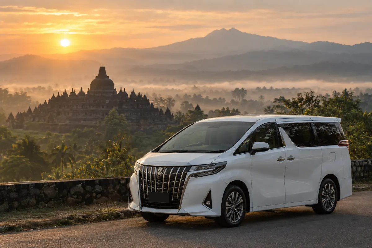 Mobil Alphard putih dengan latar Candi Borobudur saat matahari terbit