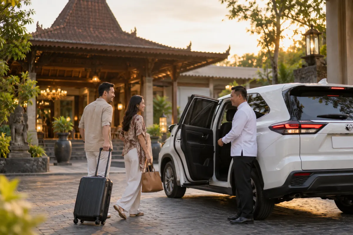 Driver berseragam membukakan pintu mobil putih untuk pasangan wisatawan di depan hotel Yogyakarta